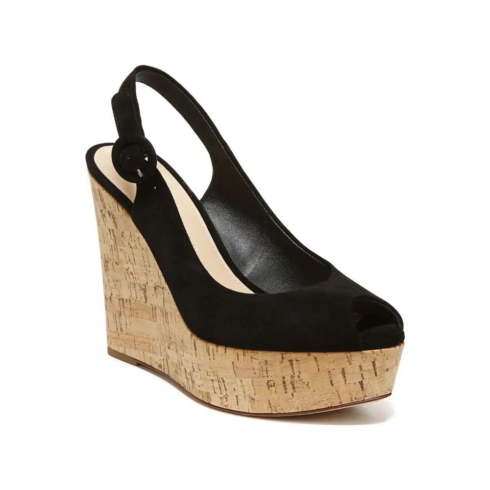 NWOB Veronica Beard Dali Black Suede Peep Toe Cork Wedge Platform Sandals Size 7 - Picture 2 of 14
